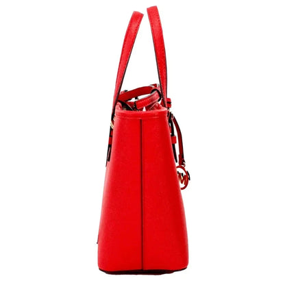 Designer red structured tote bag side view showing premium leather construction and precise stitching details