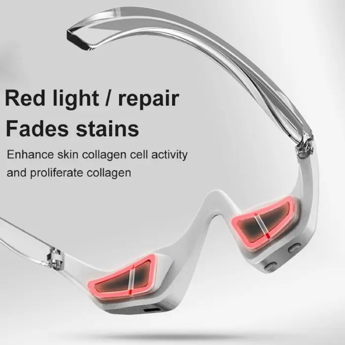 3-in-1 eye rejuvenation device showing red light therapy zones to reduce stains and boost collagen