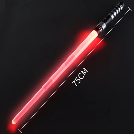 A red glowing light sword with a 75 cm length, featuring a scalable design and a black handle, displayed on a dark background.