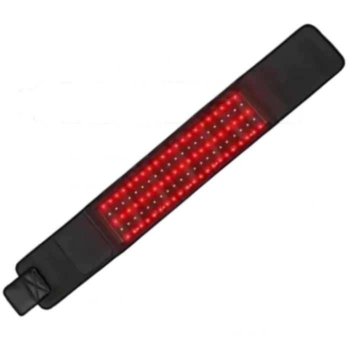 Red LED light therapy device with black handle, displaying multiple rows of bright red lights for skin treatment