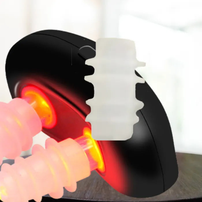 Infrared light therapy massage device showing red heating element for deep tissue pain relief and muscle recovery