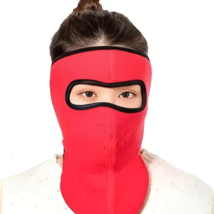 Red fleece face mask with extended neck coverage for women, perfect for outdoor winter activities.