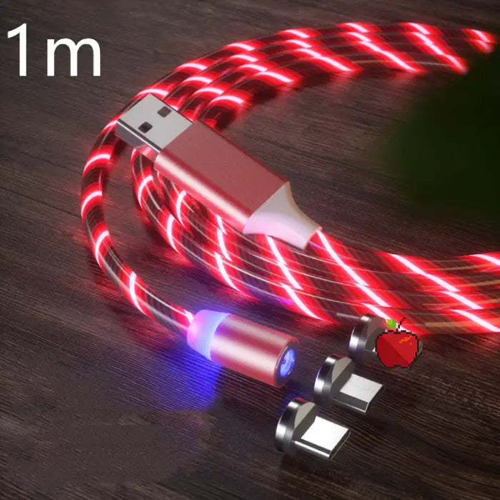 1m red magnetic USB charging cable with glowing LED lights and multiple connectors for devices.