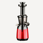 Professional grade slow masticating juicer in red and black showing detailed side profile view