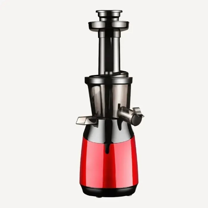 Professional grade slow masticating juicer in red and black showing detailed side profile view