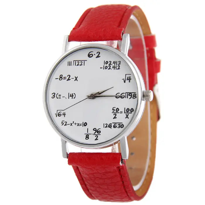 Red leather wristwatch with white dial and mathematical equations design for a bold and unique style.