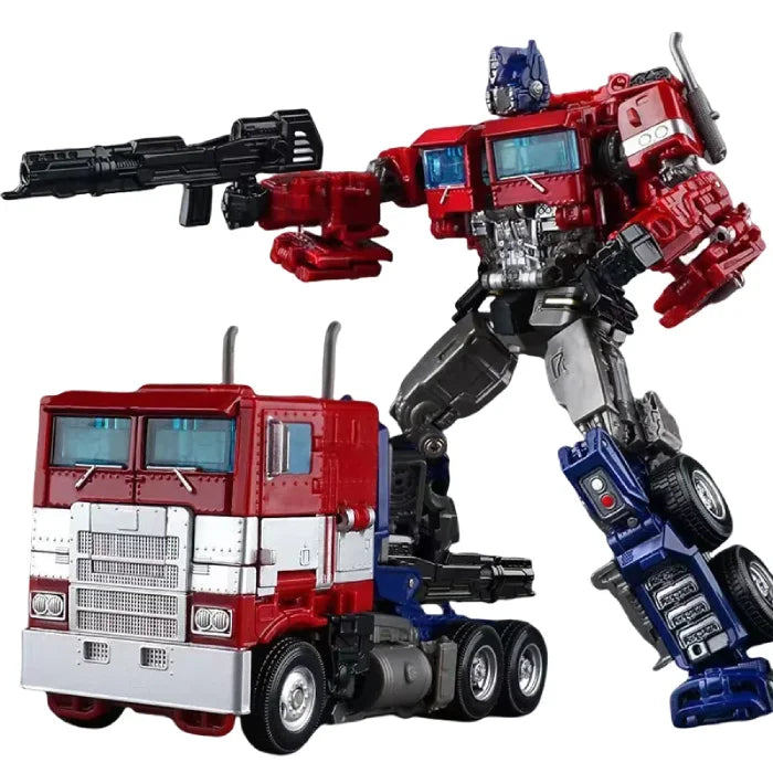 Optimus Prime robot equipped with a blaster, shown alongside its truck form with realistic detailing.