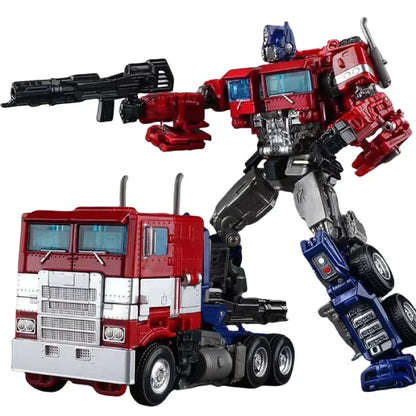 Optimus Prime robot equipped with a blaster, shown alongside its truck form with realistic detailing.