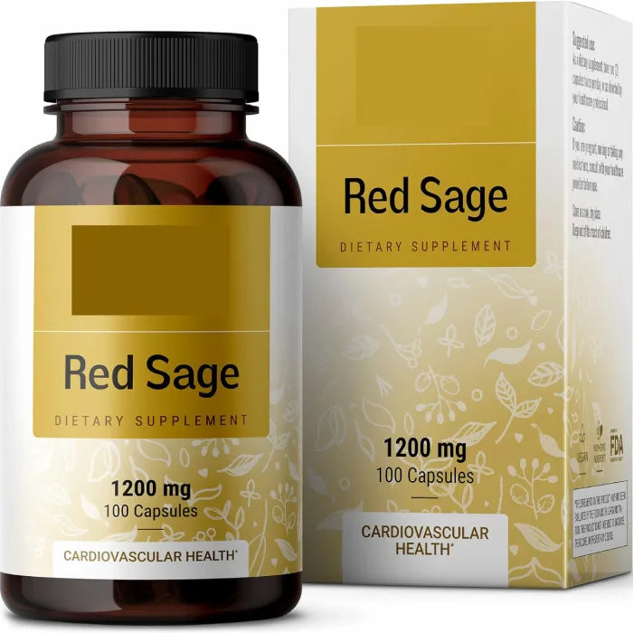 Red sage dietary supplement bottle and retail box showing 1200mg serving size and cardiovascular health benefits