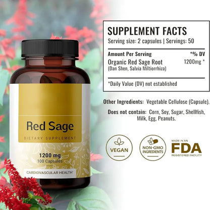 Red sage supplement facts panel showing vegan certification, non-GMO ingredients and FDA registered facility details