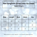 size chart for red satin prom dress, showing measurements for length, bust, waist, and hip.