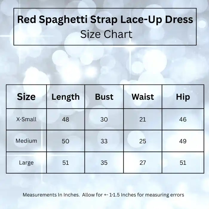 size chart for red satin prom dress, showing measurements for length, bust, waist, and hip.