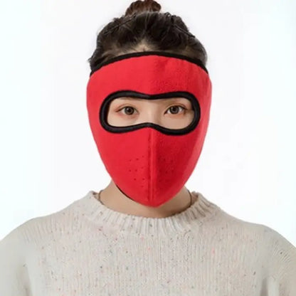 Red short fleece face mask for women providing lightweight and warm coverage for winter wear.