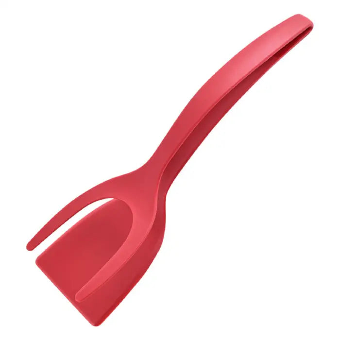 Red silicone spatula with a dual-function design, ideal for flipping and stirring in non-stick cookware.