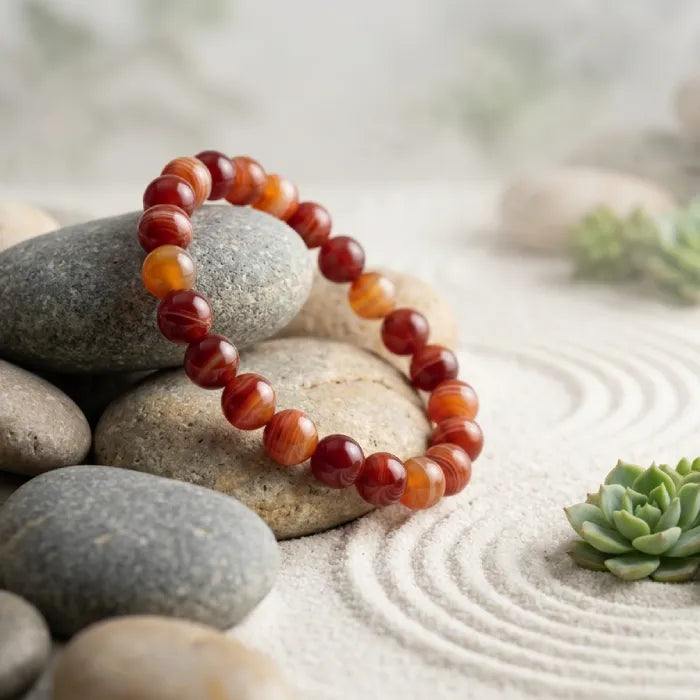 Red stripe agate beaded bracelet on spa stones with sand garden, calming crystal jewelry promoting balance and stress relief