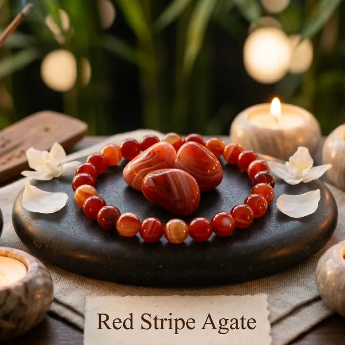 Red stripe agate bracelet with candles and incense in meditation setting, healing crystal jewelry for relaxation and mindfulness