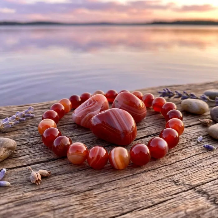Red stripe agate bracelet on wooden dock by lake at sunset, natural crystal jewelry for calm energy and balance