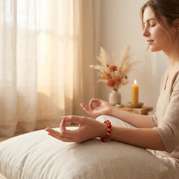Red stripe agate bracelet worn by woman meditating indoors, natural crystal jewelry enhancing mindfulness and emotional balance
