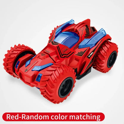 Red RC stunt car with blue accents and rugged off-road tires on a white background.