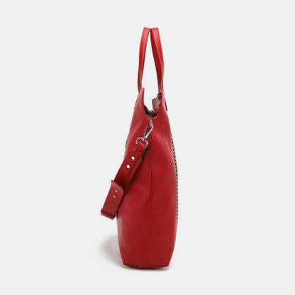 Designer red tote featuring adjustable shoulder strap and studded embellishments for versatile luxury bag style options