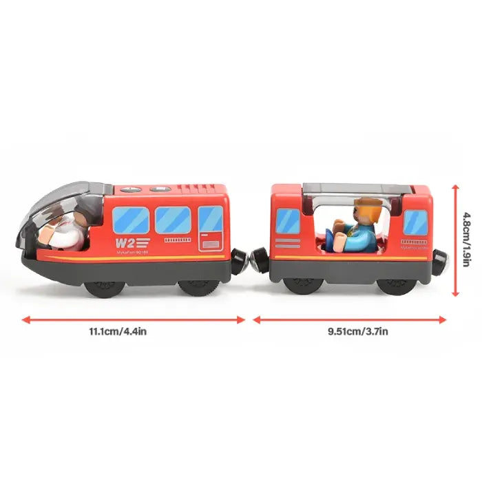 Red toy train set with two connected cars, labeled "W2," featuring blue windows, black wheels, and dimensions of 11.1 cm and 9.51 cm in length.