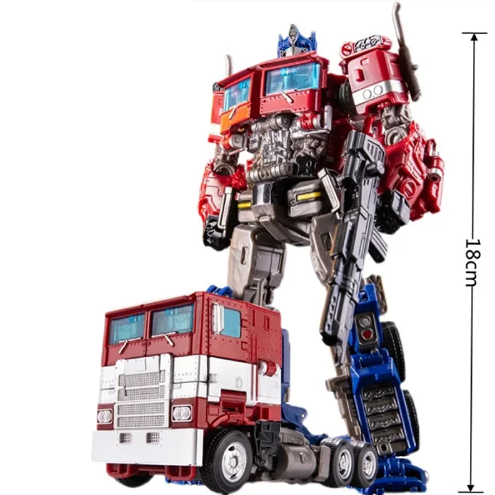 A red transforming robot standing 18 cm tall, posed alongside its truck mode with blue accents and weapon details.