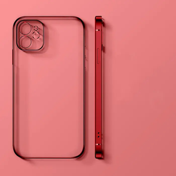 Modern red transparent phone case with slim edges and camera cutout on a vibrant red background.