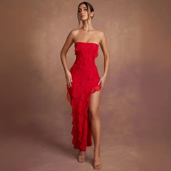  Women's backless, tube top, red tassel dress with side slit styled for elegant evening wear.