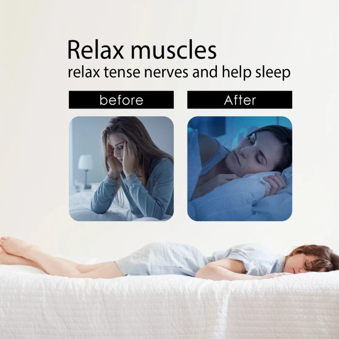  Relax muscles with sleep aid patches showing before-and-after images of a stressed woman and restful sleep.