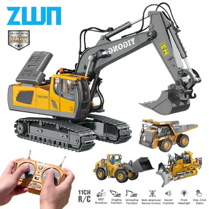 Remote control excavator toy set with multi-directional digging, unloading, and simulated functions.