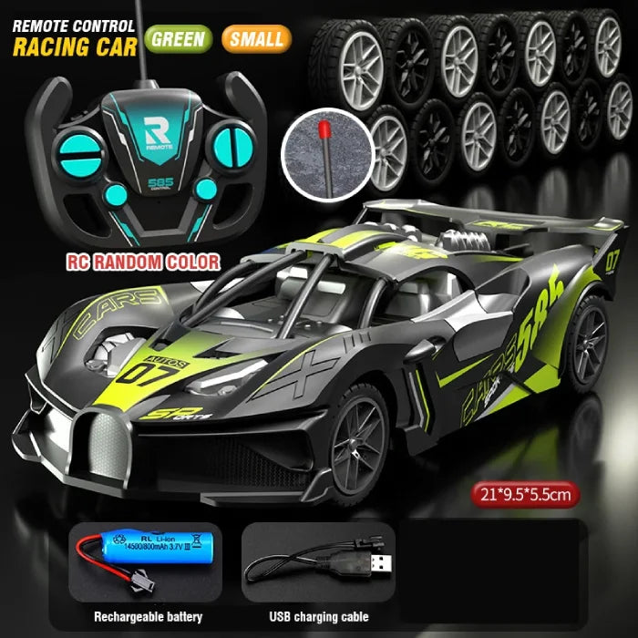 Green small remote control racing car with stylish details, included controller, spare wheels, rechargeable battery, and USB cable.