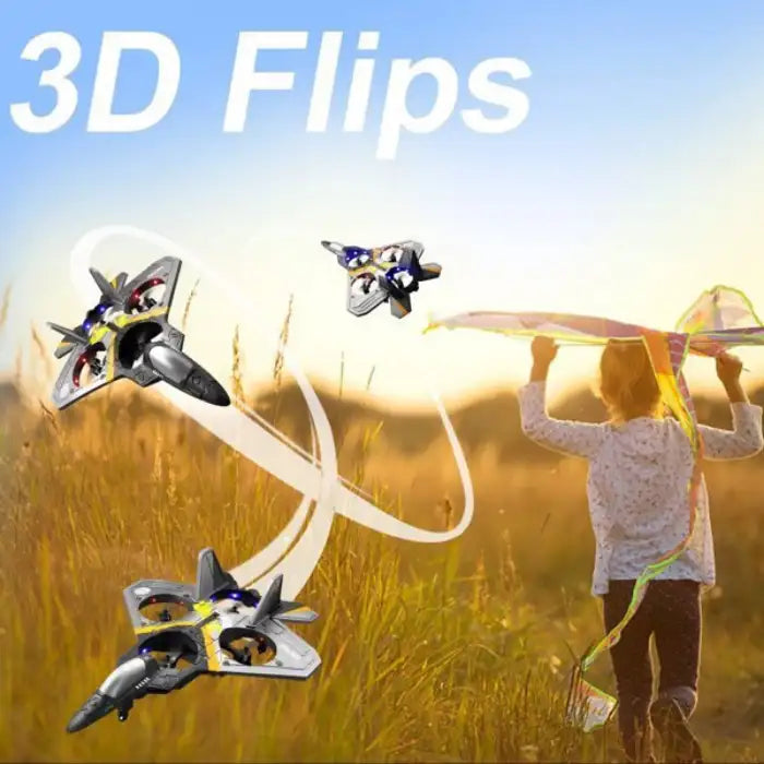 Remote Control Plane doing 3D flips beside child holding a kite in a golden field.