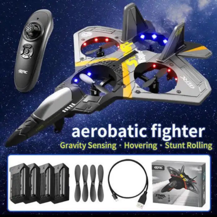 Remote Control Plane bundle with controller, spare blades, batteries, and charger on starry background.