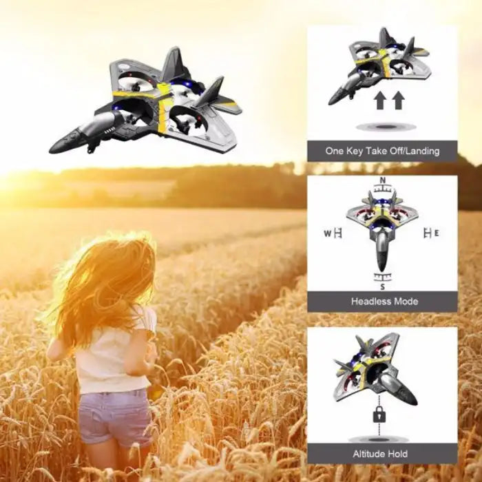 Remote Control Plane flying above girl with icons for one key takeoff, headless mode, and altitude hold.