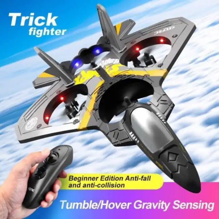 Remote Control Plane hovering mid-air with controller, showing anti-fall and hover features.