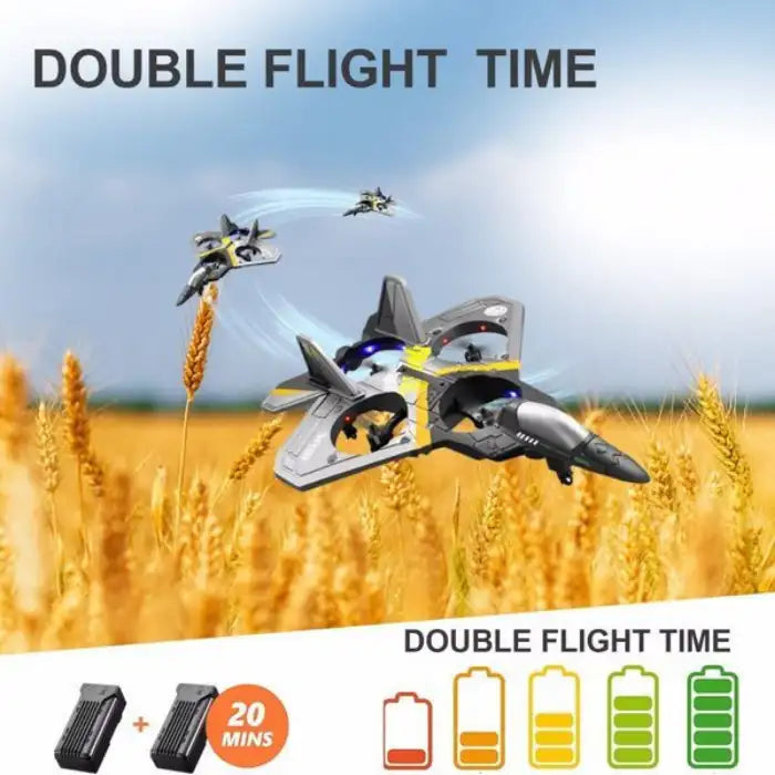 Remote Control Plane with extended battery life flying over wheat field with charge indicator.