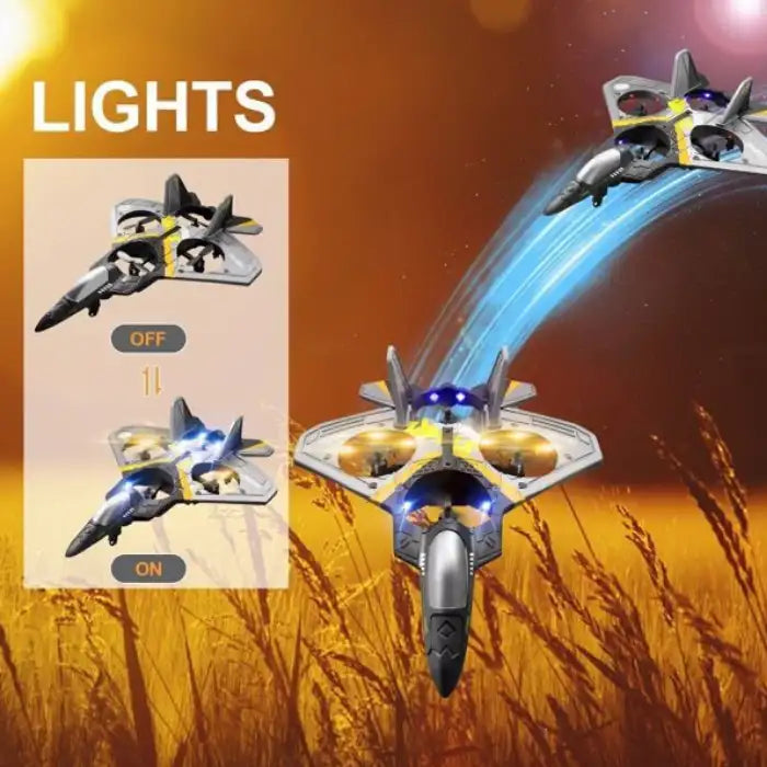 Remote Control Plane with lights on flying over field at sunset showcasing lighting modes.