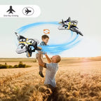 Remote Control Plane doing one key circling motion near father and son outdoors.