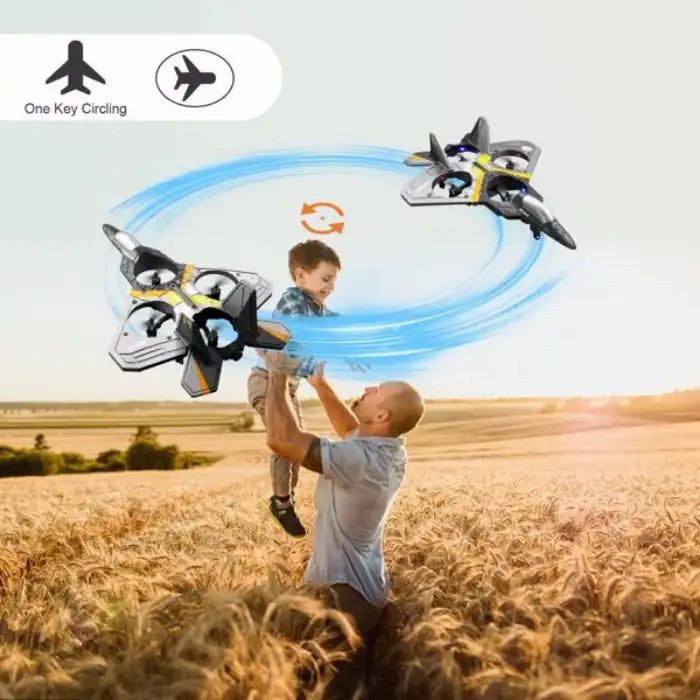 Remote Control Plane doing one key circling motion near father and son outdoors.