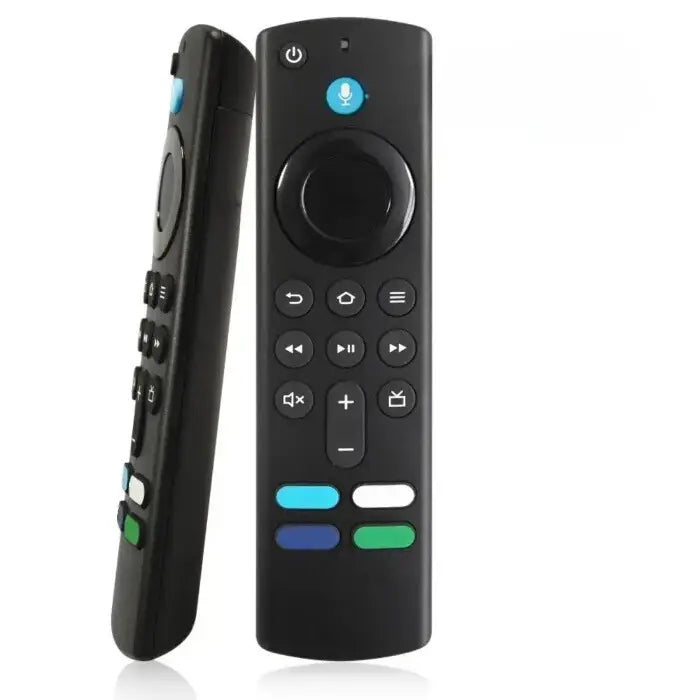 Side-by-side view of smart remote with voice control button, circular navigation pad, and colorful shortcut keys on white background.