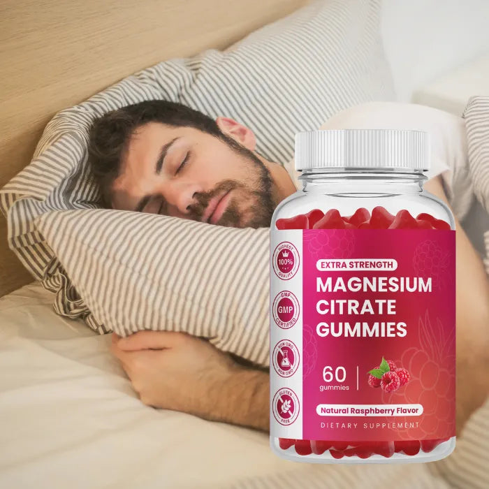 Extra strength magnesium citrate gummies promoting relaxation and restful sleep with natural raspberry flavor.