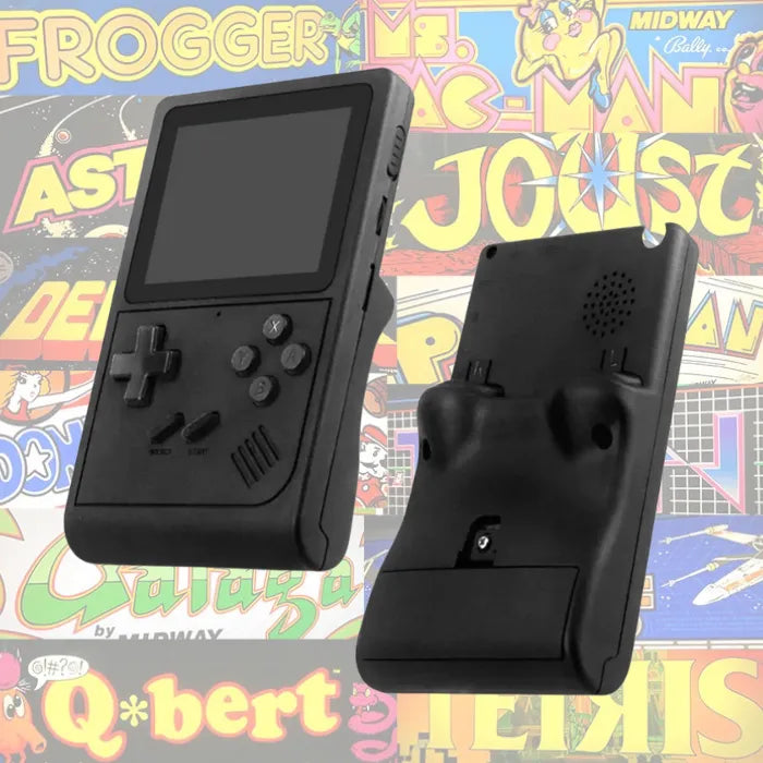 Black handheld gaming device displayed against colorful background of classic arcade game titles and characters