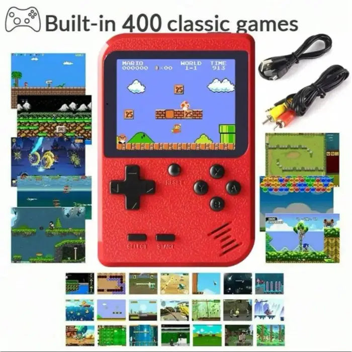 Retro handheld gaming console with Super Mario game displayed on screen, showing multiple game thumbnails and connection cables