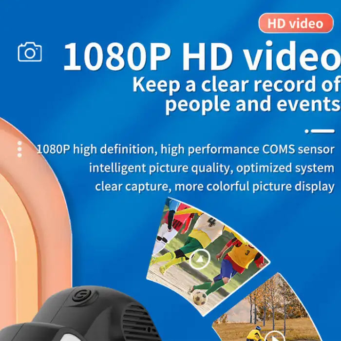  Retro Mini Camera promoting 1080p HD video with colorful image previews and feature highlights.