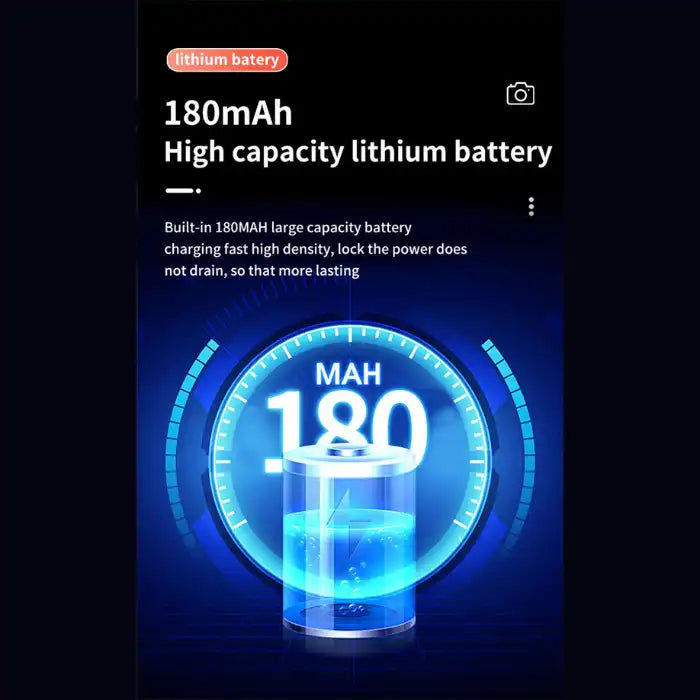Retro Mini Camera battery spec display highlighting 180mAh capacity with glowing power meter graphic