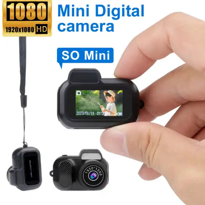 Retro Mini Camera shown with screen and lens, highlighting small size and 1080p HD recording features.