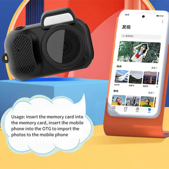 Retro Mini Camera beside smartphone showing simple photo transfer via OTG connection and memory card.