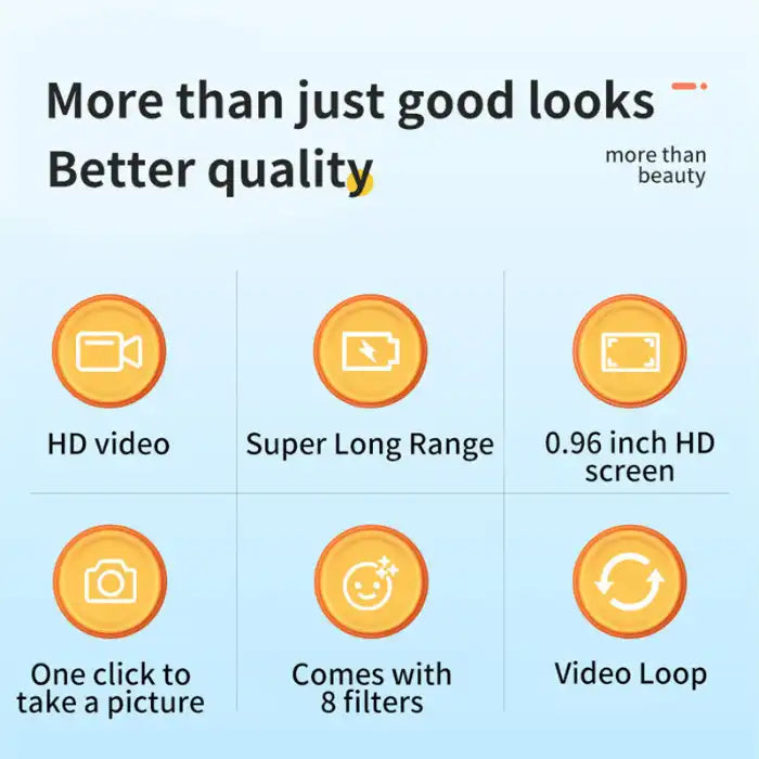 Retro Mini Camera features shown with icons: HD video, 8 filters, video loop, and 0.96 inch screen.