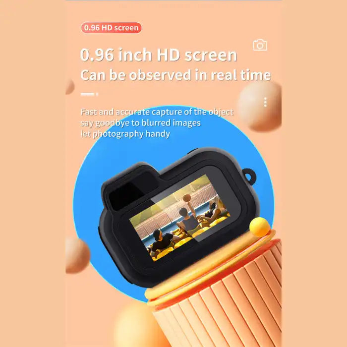 Retro Mini Camera showing 0.96 inch HD screen with clear real-time view of basketball scene.