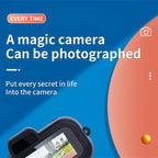 Retro Mini Camera positioned on blue with text about capturing everyday moments and hidden life secrets.
